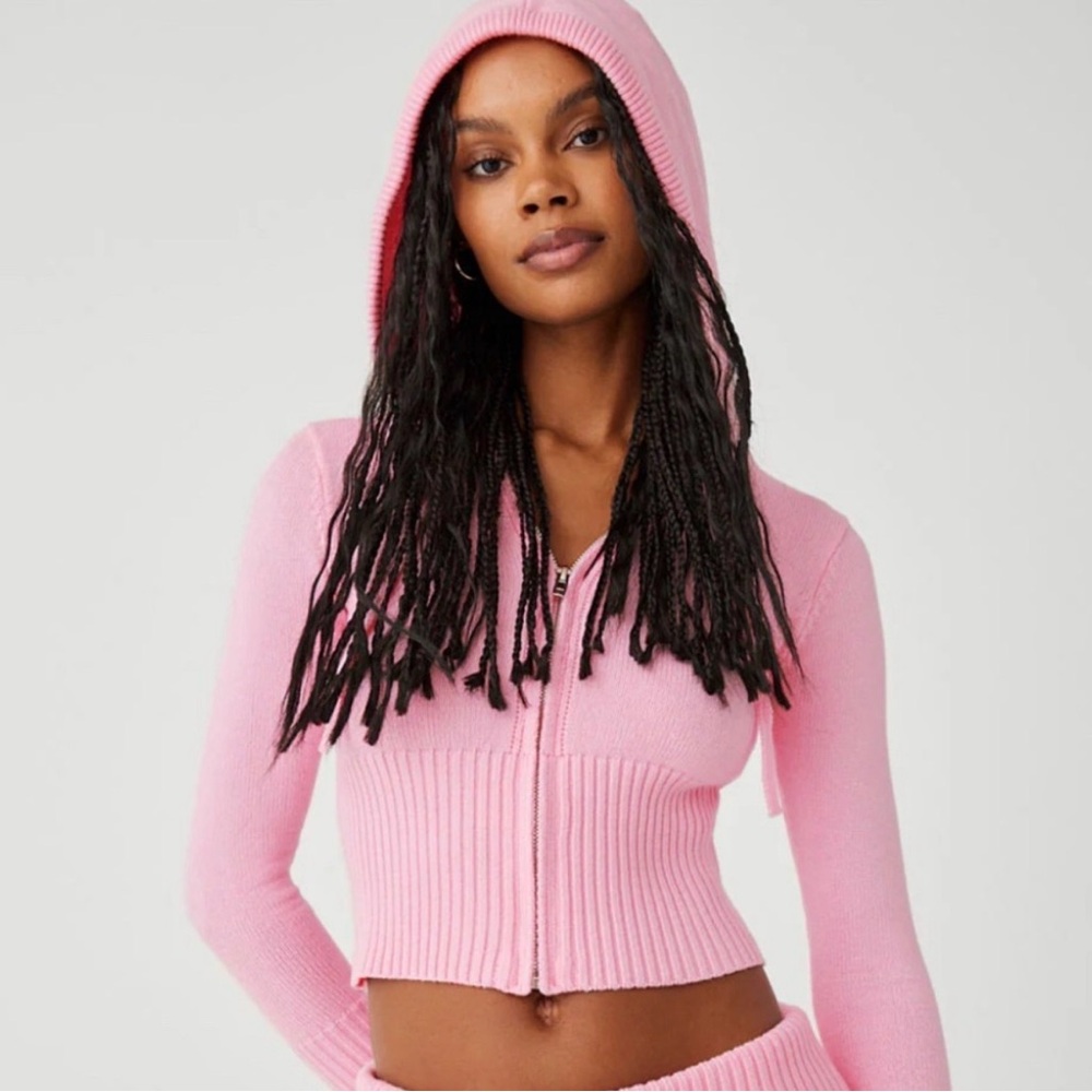 FRANKIES BIKINIS Aimee Cloud Knit Zip Up Hoodie Valentine Pink Size L